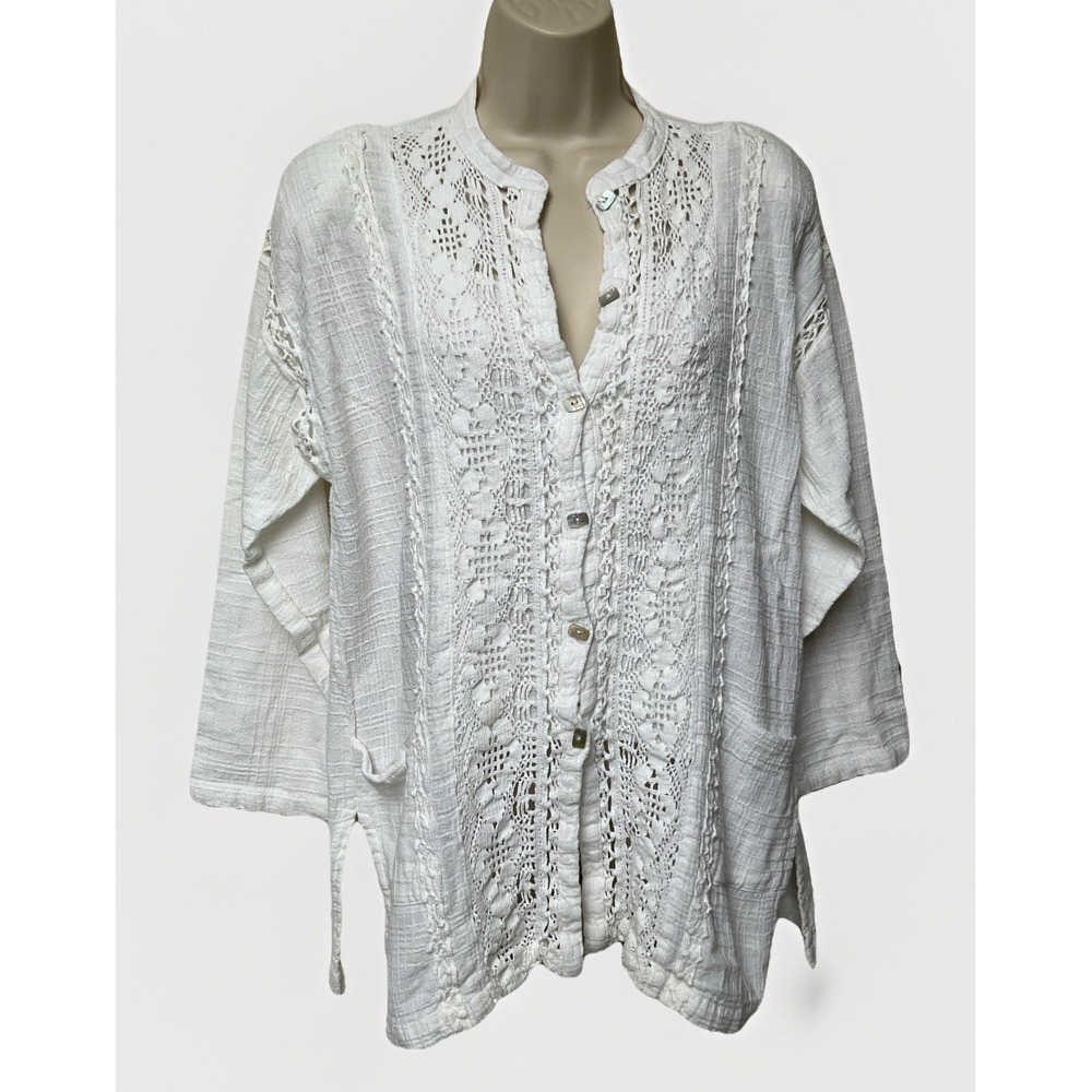 Nino Wong California Cotton Gauze Beach Coverup Crochet Button Front Size Medium